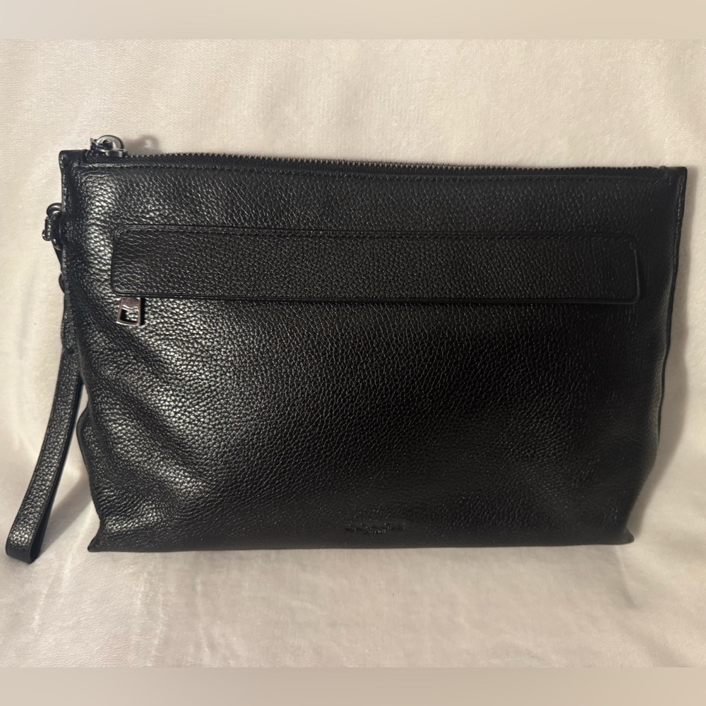 COACH Black Pebbled Leather Pouch Wristlet - Black with Gunmetal Hardware